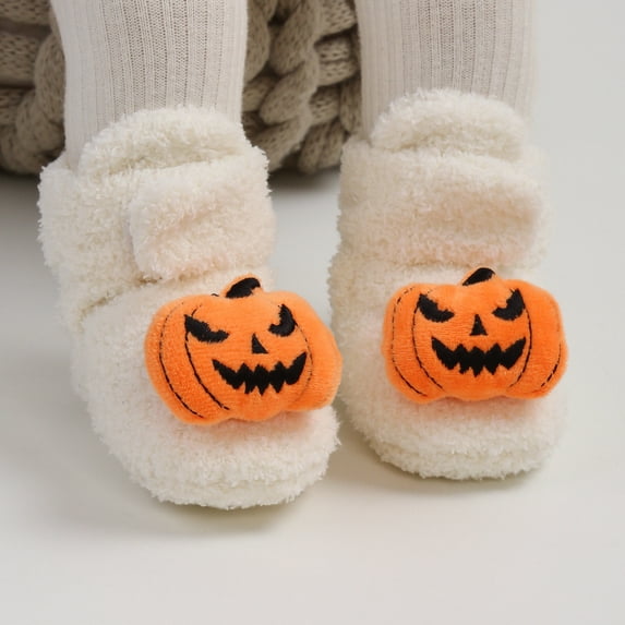Spooky Halloween Baby Slippers for Boys Girls, Gothic Infant Booties with 3D Spider Pumpkin Decor, Cozy Warm Toddler House Shoes for Fall Winter, Soft Fuzzy Indoor Crib Shoes