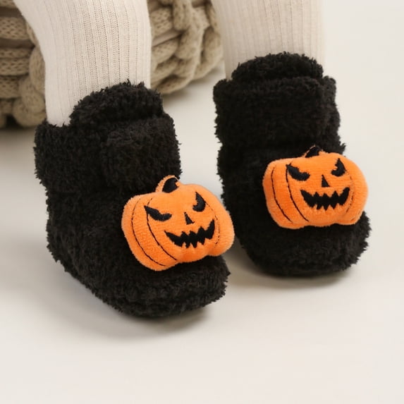 Spooky Halloween Baby Slippers for Boys Girls, Gothic Infant Booties with 3D Spider Pumpkin Decor, Cozy Warm Toddler House Shoes for Fall Winter, Soft Fuzzy Indoor Crib Shoes