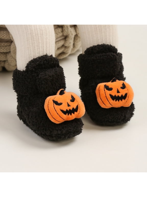 Spooky Halloween Baby Slippers for Boys Girls, Gothic Infant Booties with 3D Spider Pumpkin Decor, Cozy Warm Toddler House Shoes for Fall Winter, Soft Fuzzy Indoor Crib Shoes
