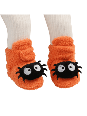 Spooky Halloween Baby Slippers for Boys Girls, Gothic Infant Booties with 3D Spider Pumpkin Decor, Cozy Warm Toddler House Shoes for Fall Winter, Soft Fuzzy Indoor Crib Shoes