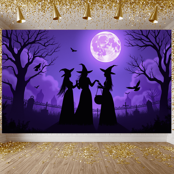 Spooky Halloween Banner Witch Theme Graveyard Scene for Halloween Party Outdoor Decoration Indoor Celebration