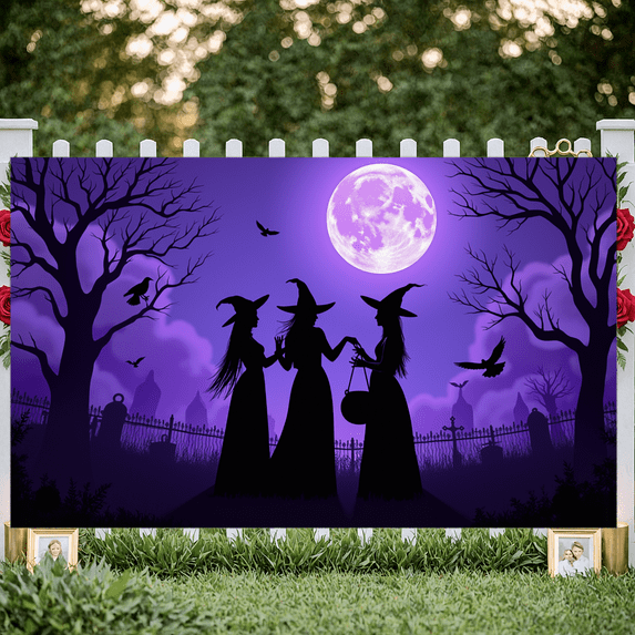 Spooky Halloween Banner Witch Theme Graveyard Scene for Halloween Party Outdoor Decoration Indoor Celebration