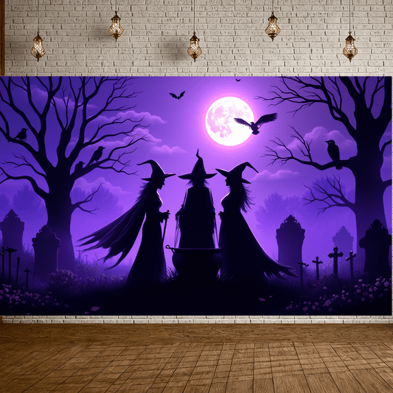 Spooky Halloween Banner Witch Theme Graveyard Scene for Halloween Party Outdoor Decoration Indoor Celebration
