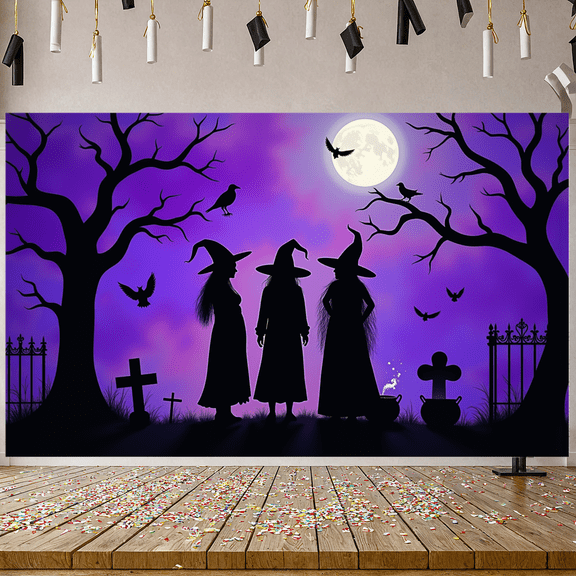 Spooky Halloween Banner Witch Theme Graveyard Scene for Halloween Party Outdoor Decoration Indoor Celebration