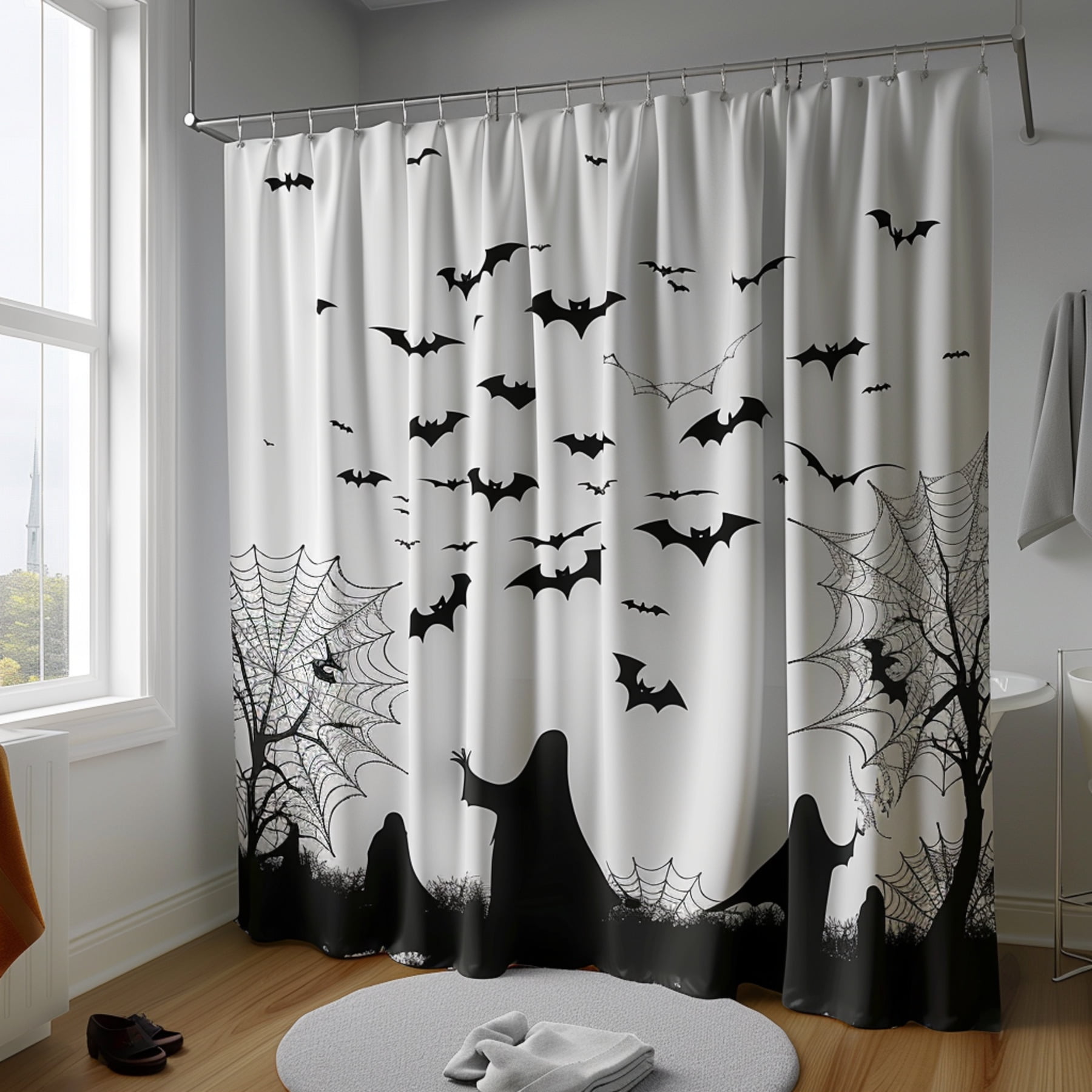 Spooky Halloween Bat And Ghost Curtain Set Gothic Bathroom Decor With