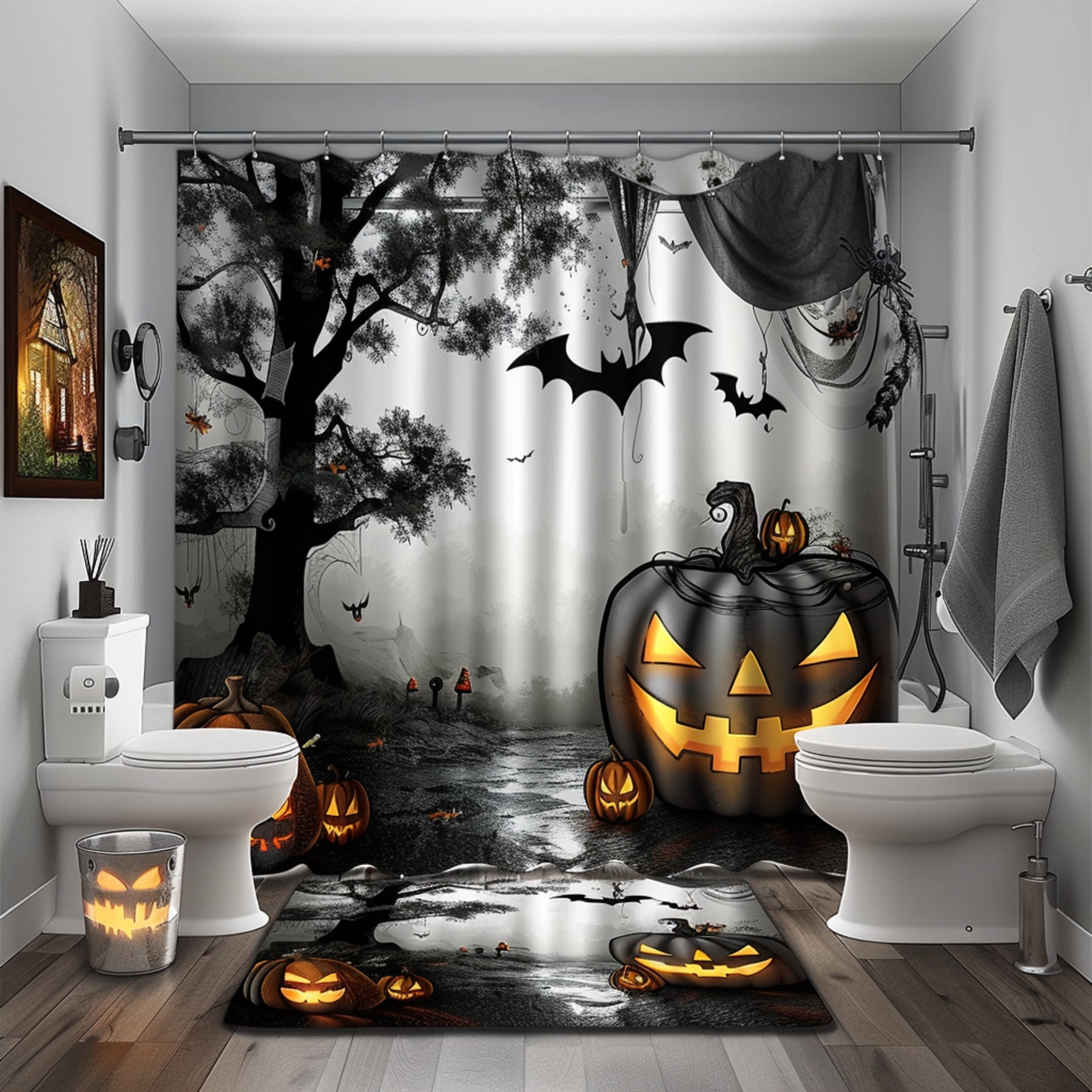 Spooky Halloween Bathroom Decor Set Black and White Tree Pumpkins Bats Gothic Style Accessories