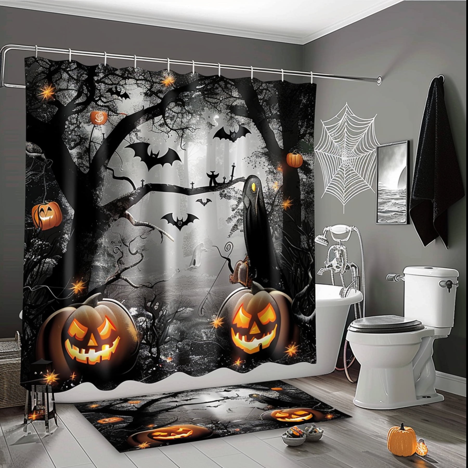 Spooky Halloween Bathroom Decor Set with Pumpkin Spider Web and Ghost