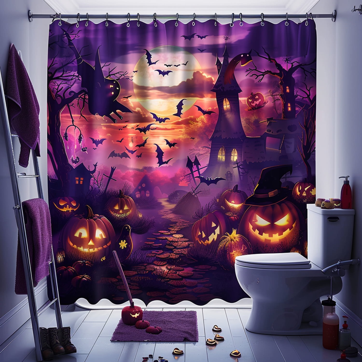 Spooky Halloween Bathroom Decor Set Scary Pumpkins Witches Ghost