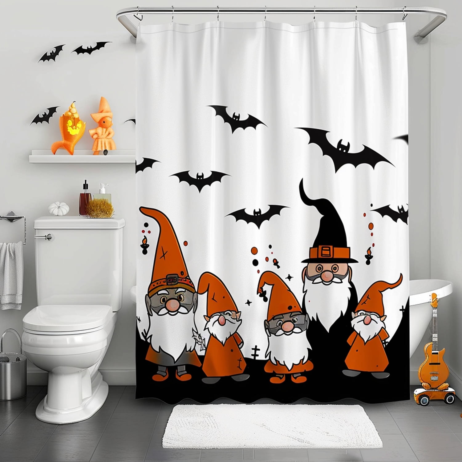 Spooky Halloween Bathroom Decor Set with Gnomes Bats and Orange Accents