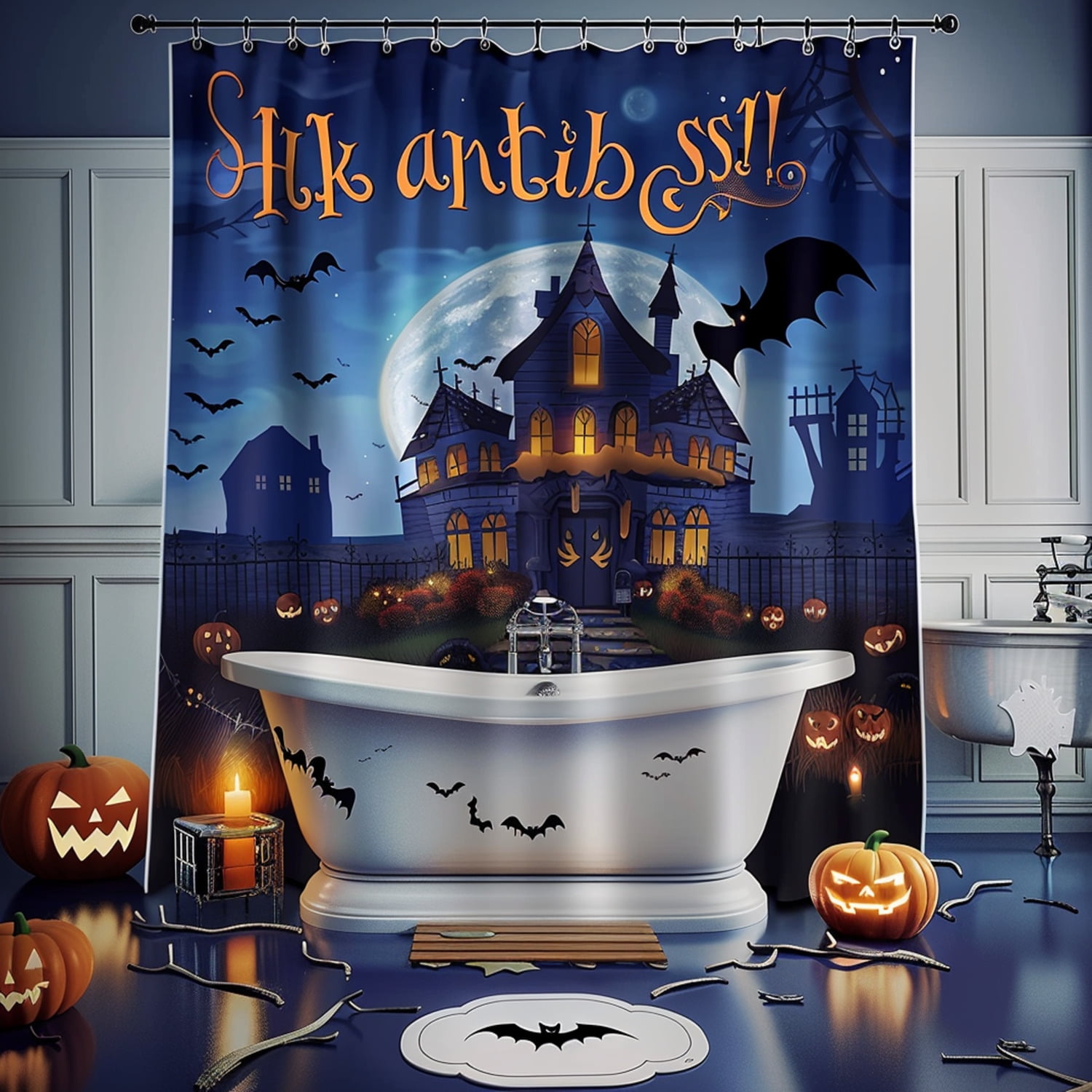 Spooky Halloween Bathroom Decor Set with Haunted House Pumpkins and
