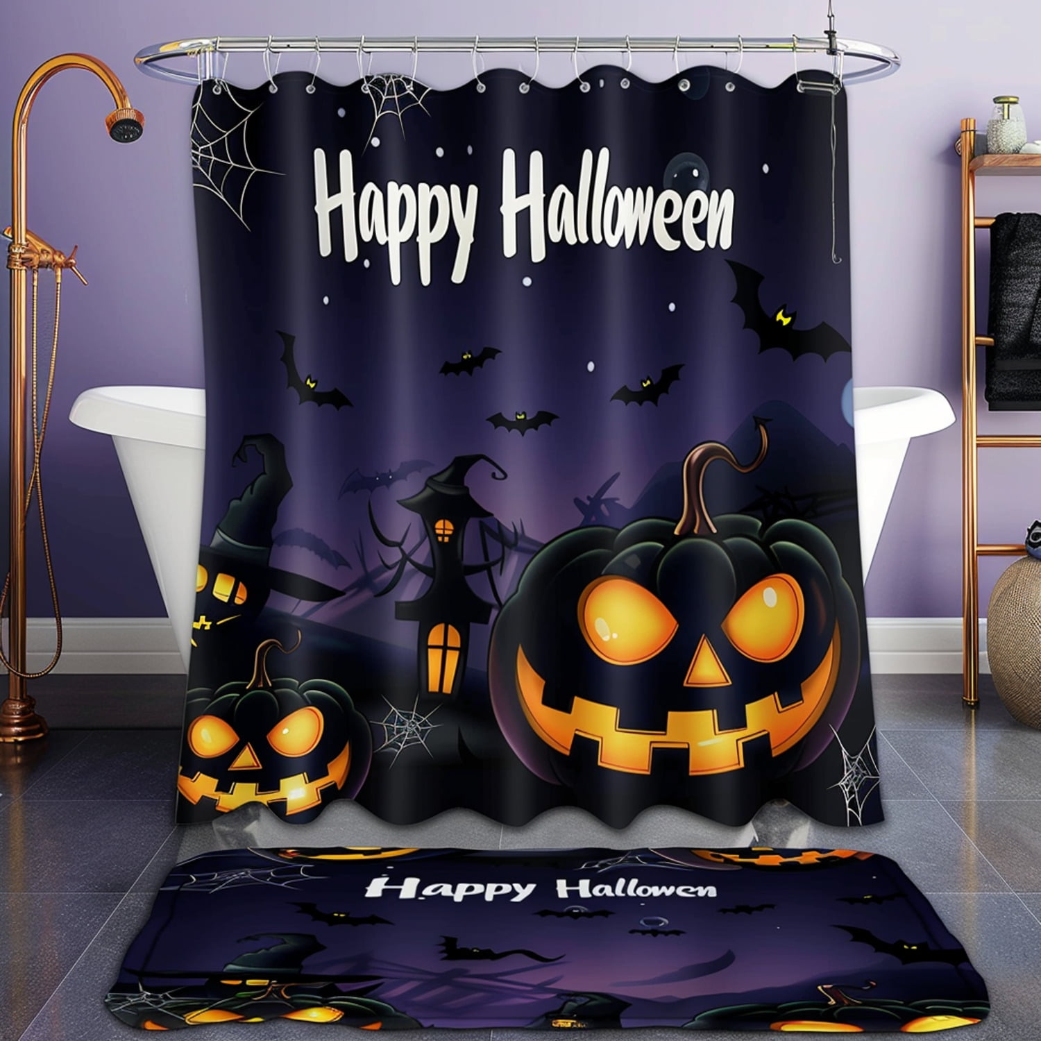 Spooky Halloween Bathroom Decor Shower Curtain Black Pumpkins and ...