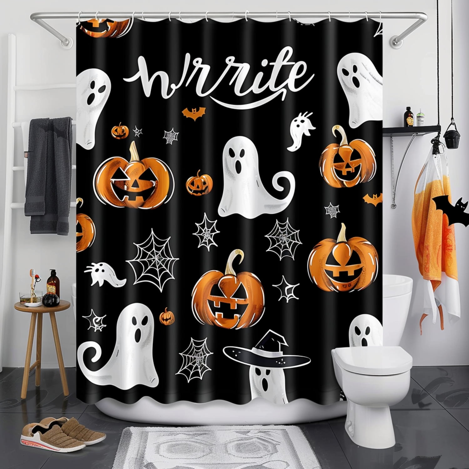 Spooky Halloween Bathroom Set Black Background with Pumpkins and