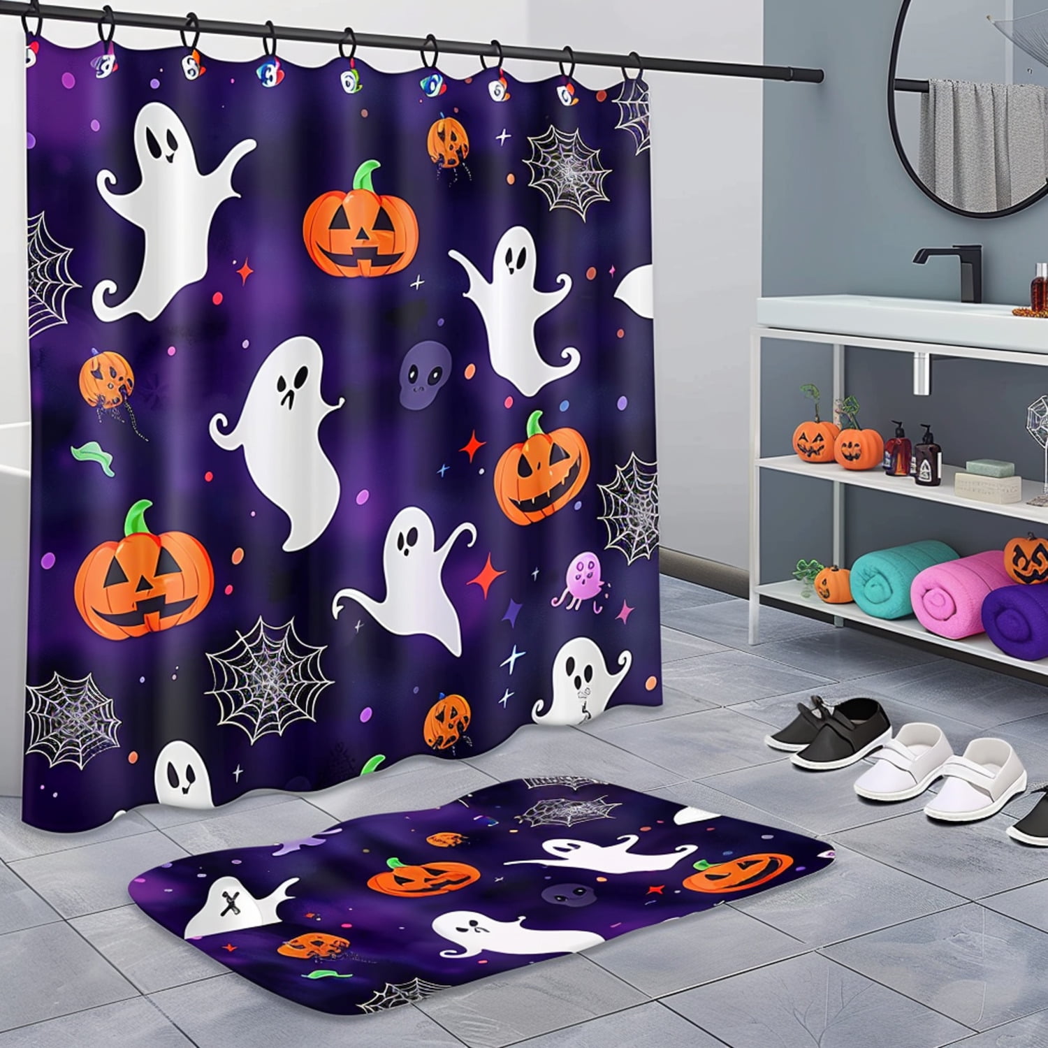 Spooky Halloween Bathroom Set Ghosts Pumpkins and Spider Webs on Dark