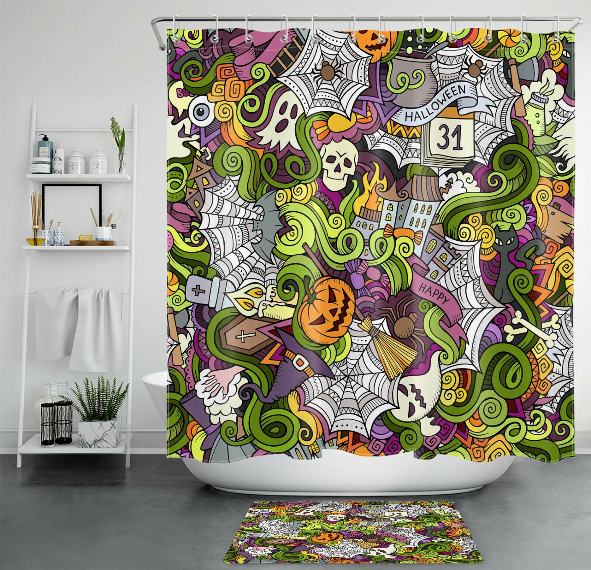 Spooky Halloween Bathroom Set Pumpkin, Skull, Witch Hat, Broom