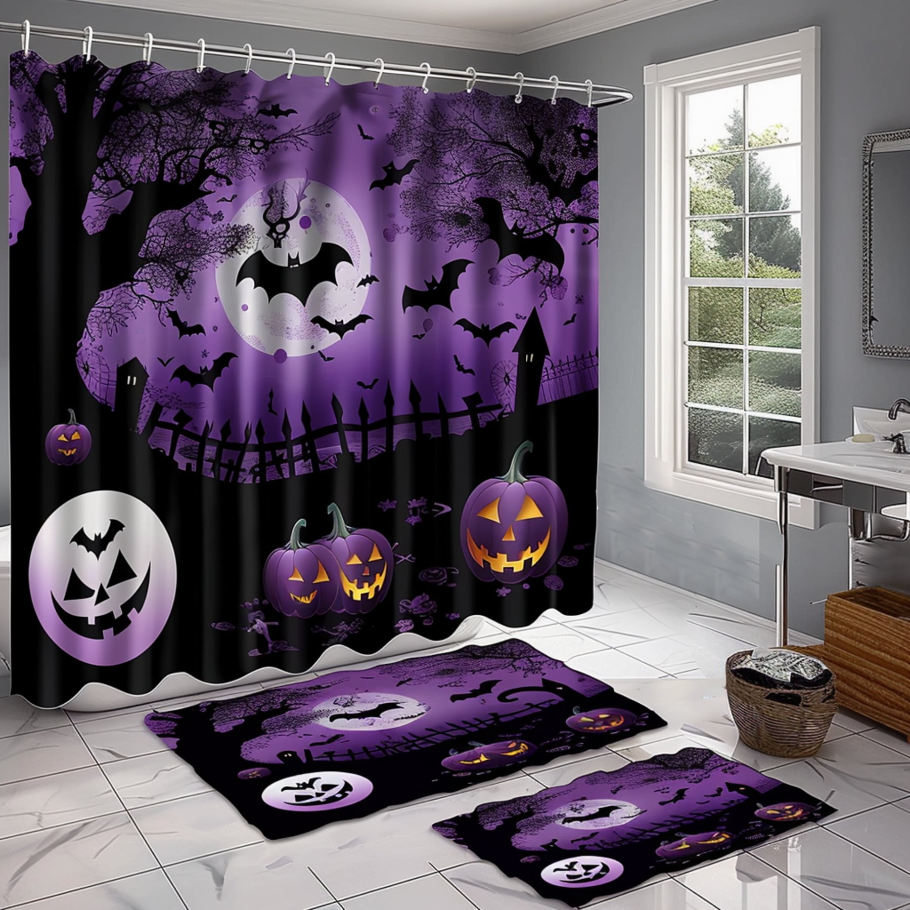 Spooky Halloween Bathroom Set: Purple & Black Bat Pumpkin Moon Design ...