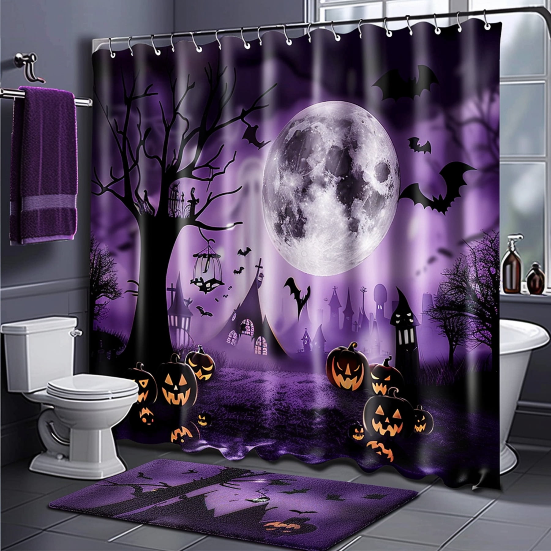 Spooky Halloween Bathroom Set Purple Ghosts & Bats Curtain with Moon