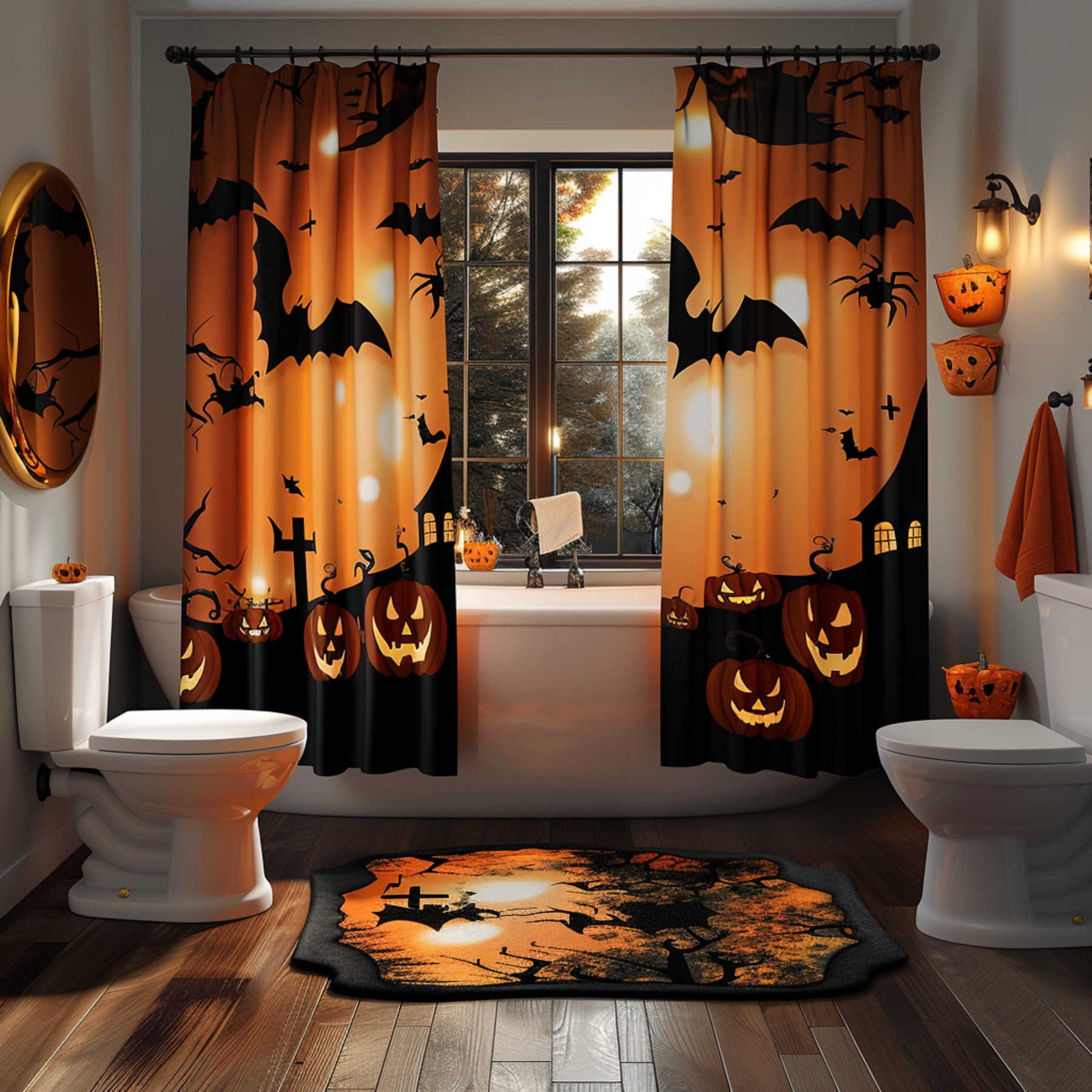 Spooky Halloween Bathroom Set with Pumpkin and Bat Decor Witch Shower ...