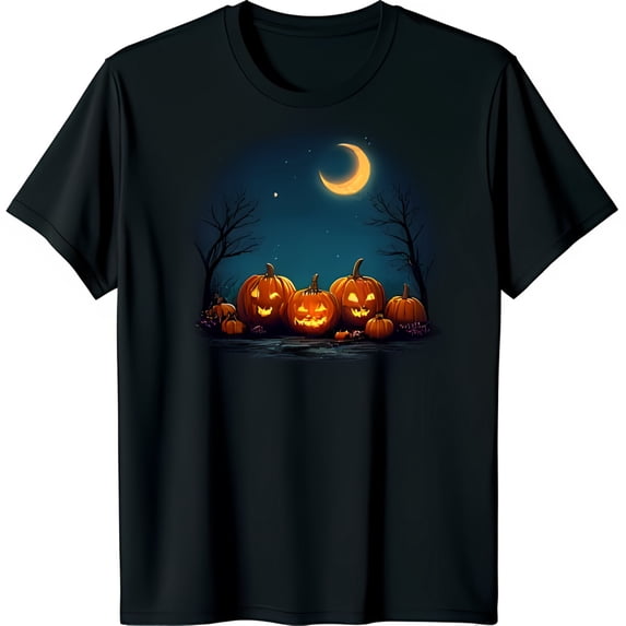 Spooky Halloween Black T-Shirt with Lit O Lanterns & Starry Night Design