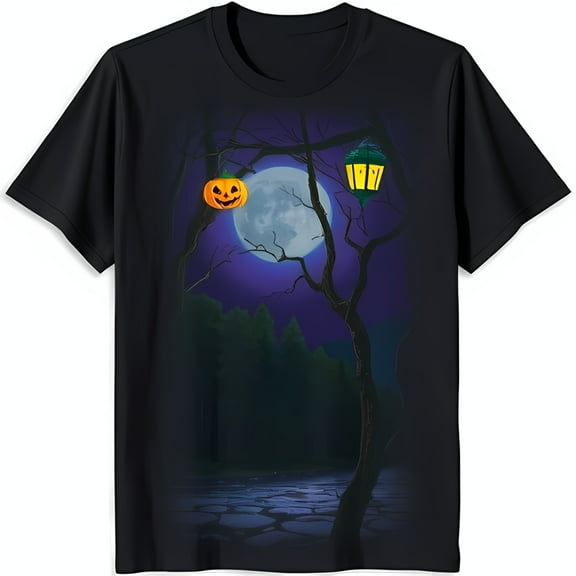 Spooky Halloween Black T-Shirt with Tree o & Full Moon Design