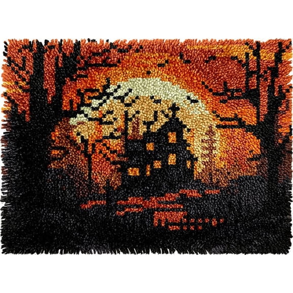 Spooky Halloween Castle DIY Latch Hook Kits Rug DIY Cushion Tapestry Making Crochet Hooking Mat Making Kits Color Imprinted Pattern Canvas DIY Carpet Needlework Crochet Kits 52x38cm