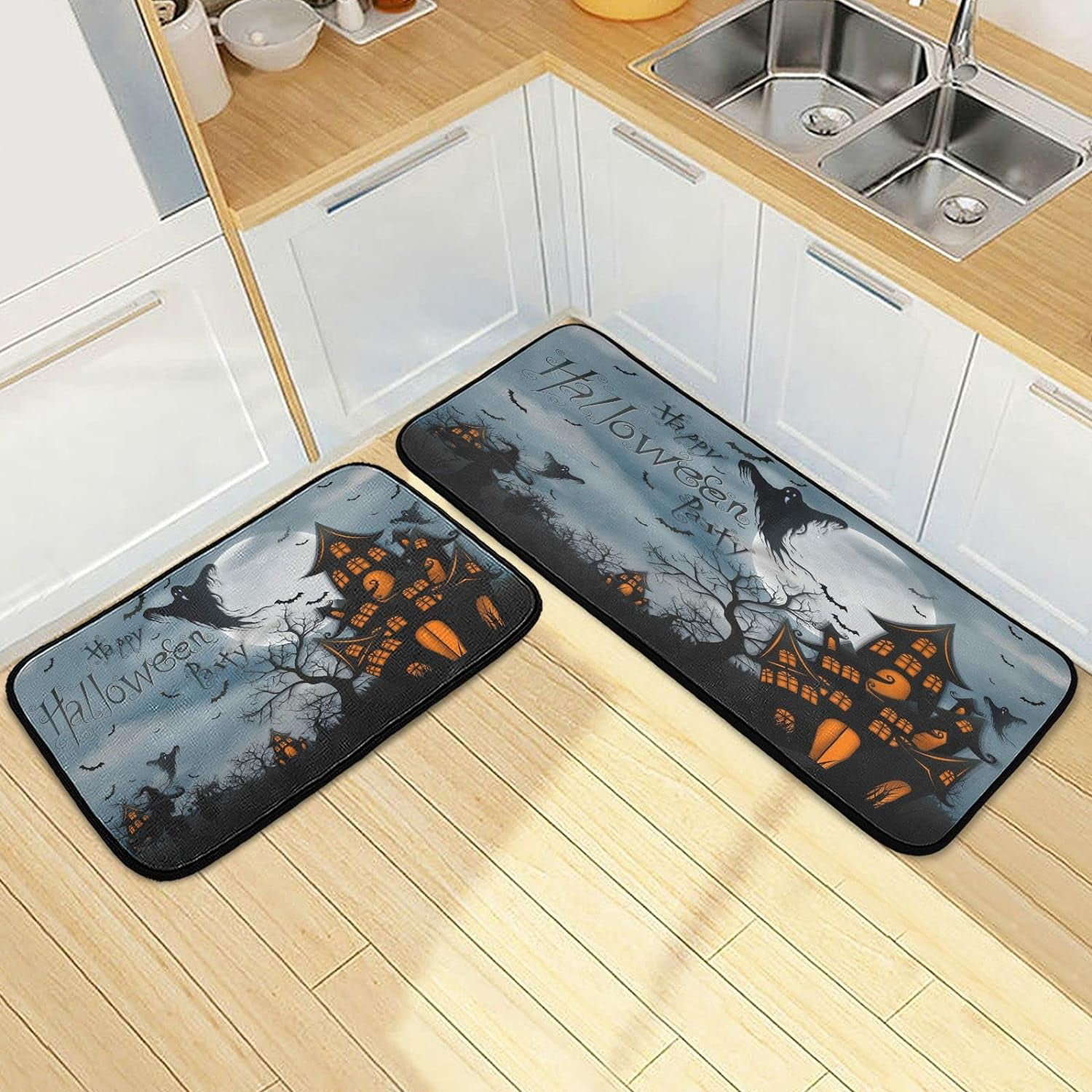 Spooky Halloween Castle Night Kitchen Rugs 2 Pieces, Ghost Bat Floor Mat Room Area Rug Washable