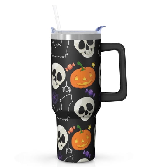 Spooky Halloween Cup, Full Moon Ghost Tumbler 40oz with Handle and Straw, Insulated Coffee Gift