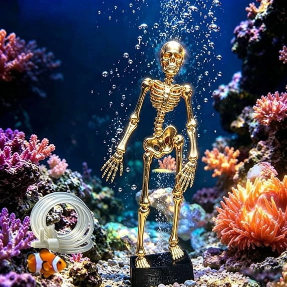 Spooky Halloween Dancing Skeleton Aquarium Bubbler Ornament, Gold Air Driven Resin Skeleton Fish Tank Decor , Creepy Scary Skull Haunted Tank Accessory for Halloween Party