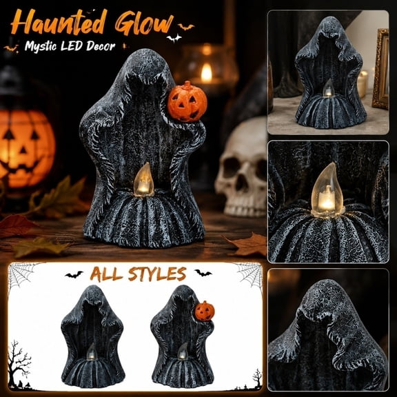 Spooky Halloween Decor, Eerie Hooded Ghost Resin Led Flameless Candle Lamp, Indoor Halloween Decorations for Home Shelf Desk Mantel, Perfect Scary Surprise Gift for Horror Fans,