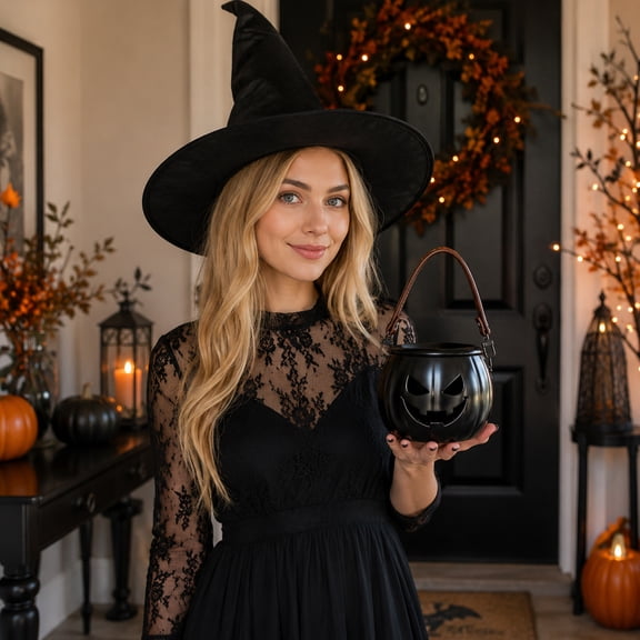 Spooky Halloween Decor, Halloween Pumpkin Bucket, Halloween Candy Bucket, Pumpkin Lantern, Matte Black Metal Portable Vessel Fits Standard Tea Light Candles, Holds Wrapped Candies