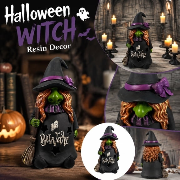 Spooky Halloween Decor, Halloween Witch Decor for Kitchen Counter Entryway Nook, 4X4X7 Inch Resin Crafted Witch Statue with Broom, Great for Adding Whimsical Spooky Touches to