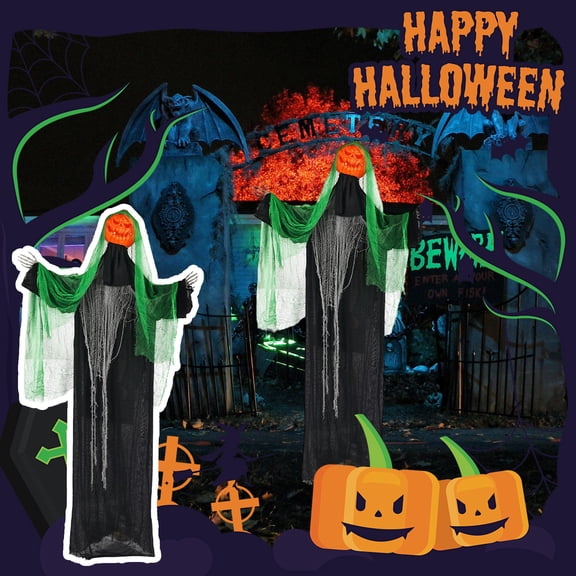 Spooky Halloween Decor, Motion Activated Light Up Jack O Lantern Skeleton Prop, Sound Speaking Animated Pumpkin Figure for Outdoor Lawn, Porch, Haunted Graveyard Scene, Halloween