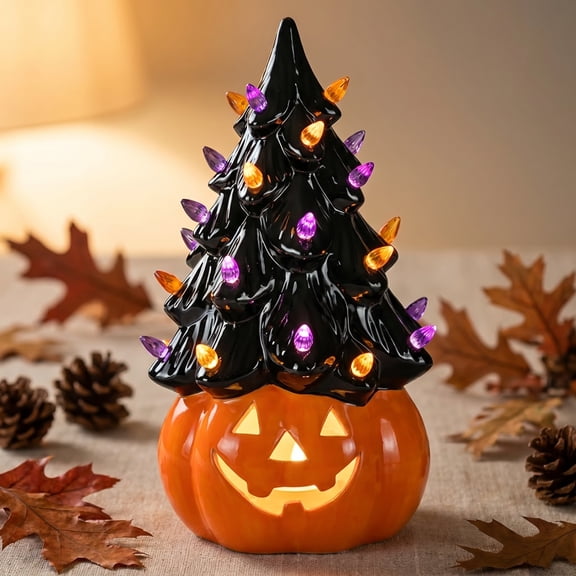 Spooky Halloween Decor, Retro Ceramic Halloween Pumpkin Tree with Led Lights, for Indoor Home Display, Fall Harvest Gatherings, and Trick Or Treat Entryway Setup, Casting Soft