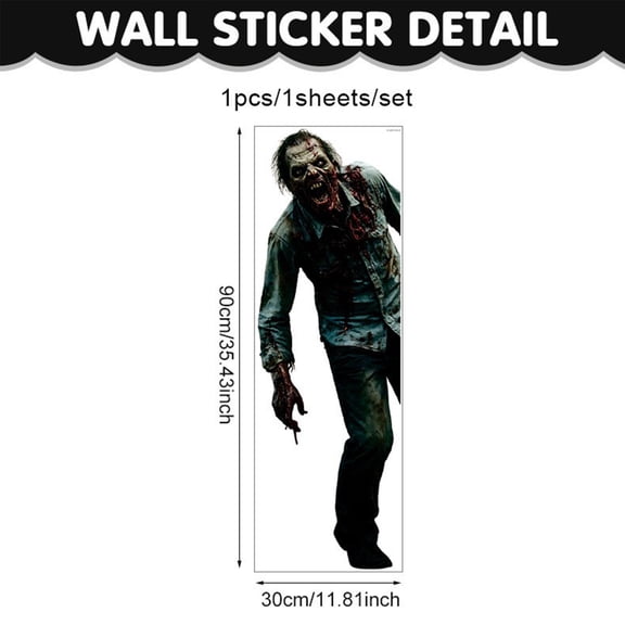 Spooky Halloween Decorations 3D Horror Window Decal Pvc Self-Adhesive Halloween Stickers Removable Wall Mural Zombie Scene Setter for Haunted House Party Bar Decor 90X30Cm