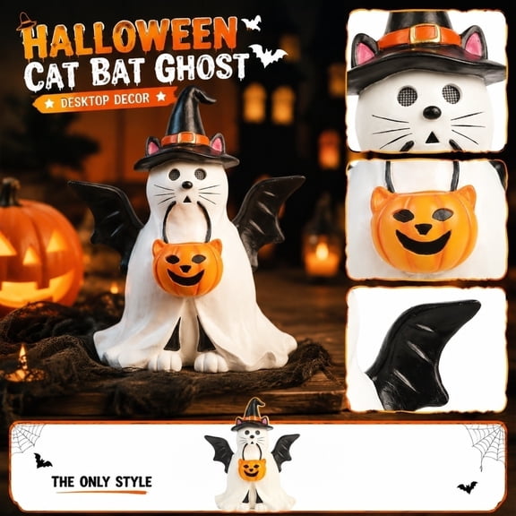 Spooky Halloween Decorations, Adorable Ghost Cat with Bat Wings and Jack O Lantern Treat Pail, Halloween Decorations for Home Desktop Display, Great Halloween Party Favor for Cat