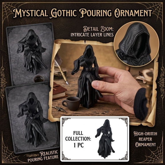 Spooky Halloween Decorations, Black Robe Faceless Female Reaper Pouring Resin Figurine, for Goth Themed Mantel Desk Display, Novelty Gothic Holiday Gift, Sleek Black Resin