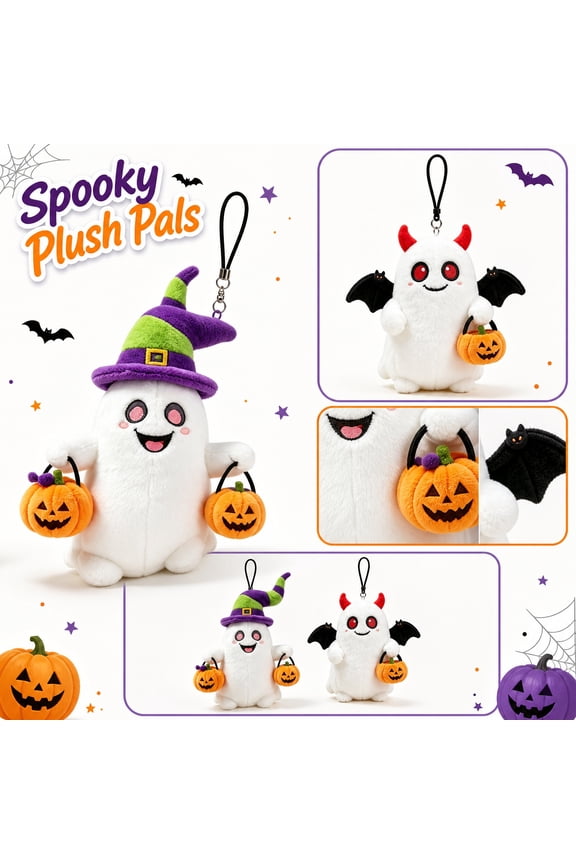 Spooky Halloween Decorations, Cute Stuffed Animal Ghost Keychain, Striped Witch Hat Plush with Mini Jack O Lantern Bucket, for Indoor Halloween Party Decor and Backpack Accessory,