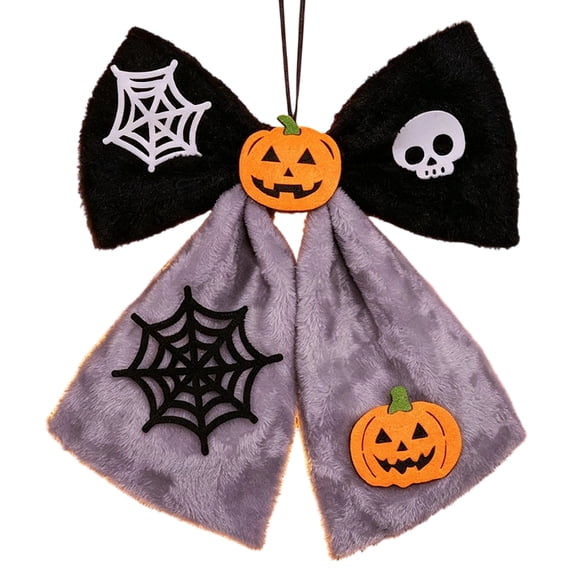Spooky Halloween Decorations, Halloween Witch Bow, 14X12 Inch, Black Web and Orange Pumpkin Accents, Plush Bow for Halloween Party, Indoor Outdoor Wall Door Porch Holiday Decor