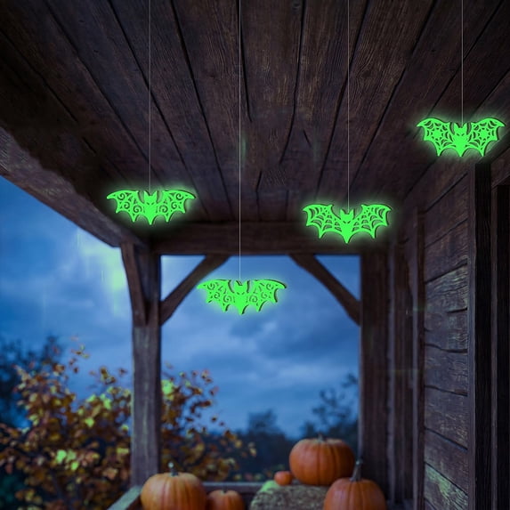 Spooky Halloween Decorations, Halloween Wooden Luminous Pendant Set, Glowing Bat Ornaments for Porch Party, House Wall Hanging Prop