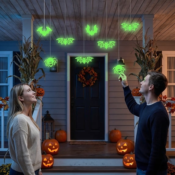 Spooky Halloween Decorations, Halloween Wooden Luminous Pendant Set, Glowing Bat Ornaments for Porch Party, House Wall Hanging Prop
