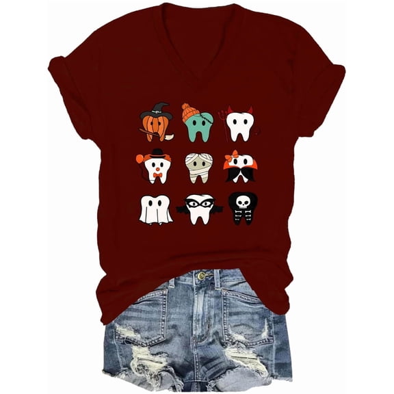 Spooky Halloween Dentist Shirt Dental Halloween Tshirt Dental Hygienist Assistant V Neck Tops