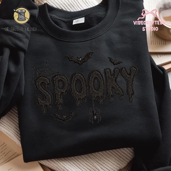 Spooky Halloween Embroidered Sweatshirt, Gothic Bat Spider Shirt, Cozy Witchy Fall Gift