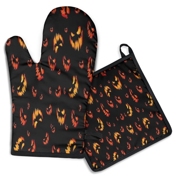 Spooky Halloween Faces Pattern Kitchen Oven Mitt and Pot Holder Sets 2 Pcs for Baking, Cooking and Grilling, Heat Resistant Up To 392 °F