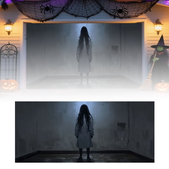 Spooky Halloween Garage Door Banner 7x16 FT - Glow in Dark Bat Pumpkin Design, Weather Resistant Polyester Outdoor Decor for Yard, Party Photo Background