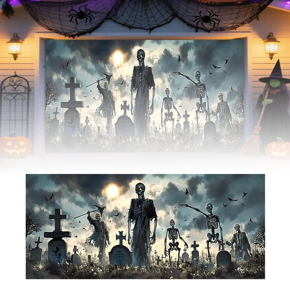 Spooky Halloween Garage Door Banner 7x16 FT - Glow in Dark Bat Pumpkin Design, Weather Resistant Polyester Outdoor Decor for Yard, Party Photo Background