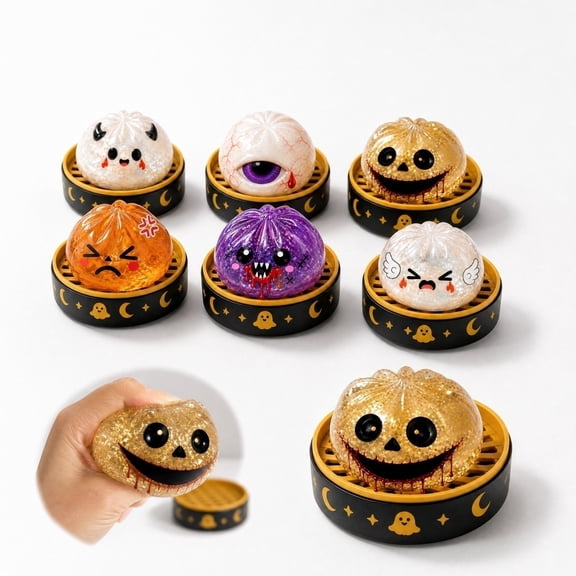 Spooky Halloween Ghost Dumpling Squeeze Ball, Filled Slow Rise Stress Relief Toy, Sensory Fidget for Anxiety, Party Prize Classroom Gift for Children - 8cm