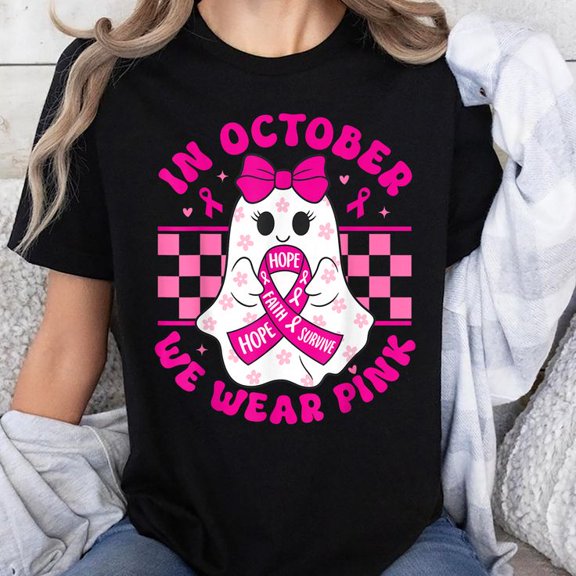 Spooky Halloween Ghost Pink Breast Cancer Awareness 2025 Unisex T-Shirt, Sizes S-5XL, Gategoo