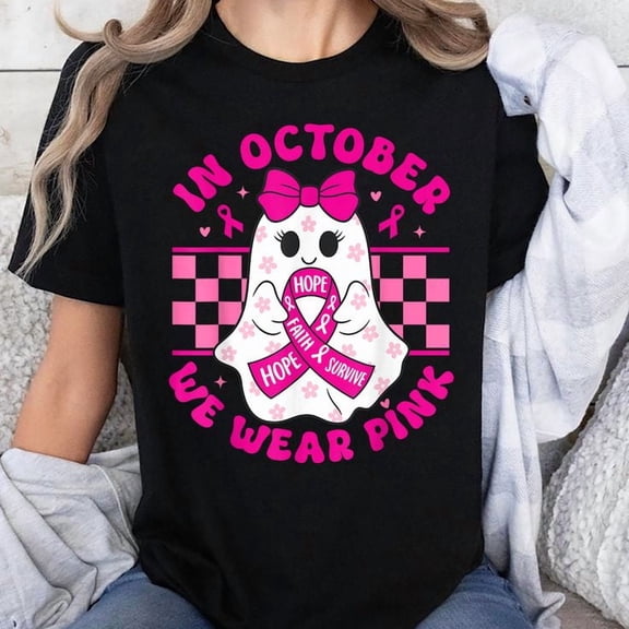 Spooky Halloween Ghost Pink Breast Cancer Awareness 2025 Unisex T-Shirt, Sizes S-5XL, Gategoo