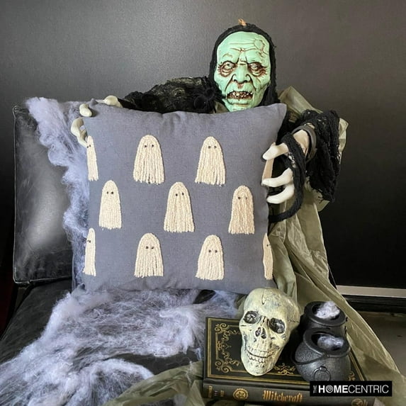 Spooky Halloween Ghost Throw Pillow cover Gray 20"x20" (50x50 cm) Linen Halloween Decor, Ghost Decor, Embroidery, Ghost Pillows Cushion Covers, Ghost Modern Style - Ghostly Haunt