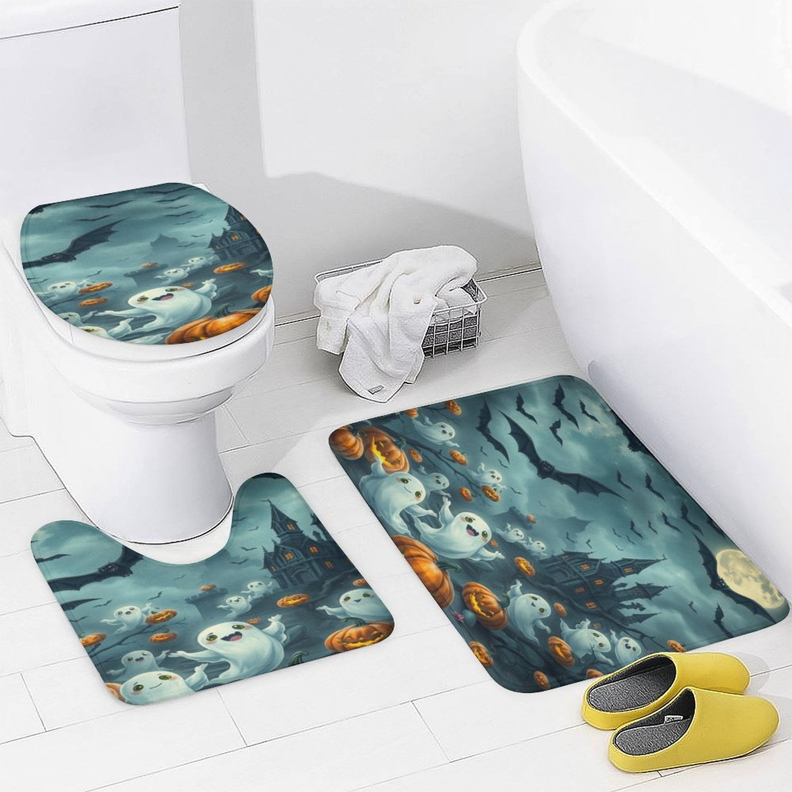 Spooky Halloween Ghosts Bathroom Rugs Set 3 Piece with Non-Slip Bath ...
