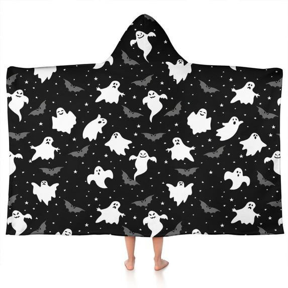 Spooky Halloween Ghosts Pattern Hooded Bath Towel,50"x30" for Ages 3 To 12 Kids, Quick Dry Lightweight Soft Microfiber Hood Beach Towel Cover Up for Kids